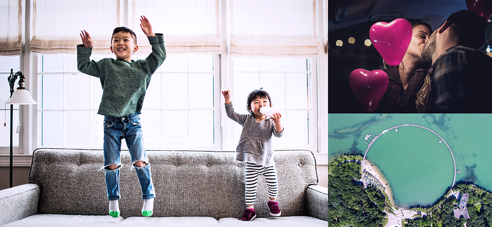 Lock-up of three images: children jumping on a couch; a couple kissing behind heart-shaped balloons, aerial view of a coastline