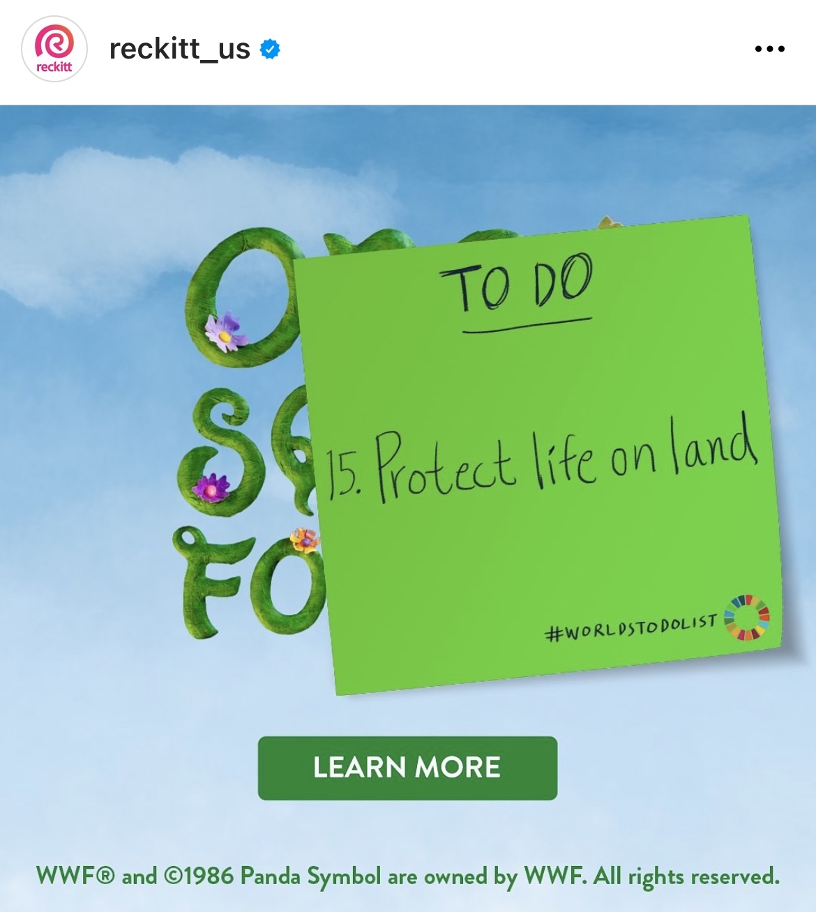 Screenshot of Reckitt US social post. Post-it note reads To Do 15. Protect life on land.
