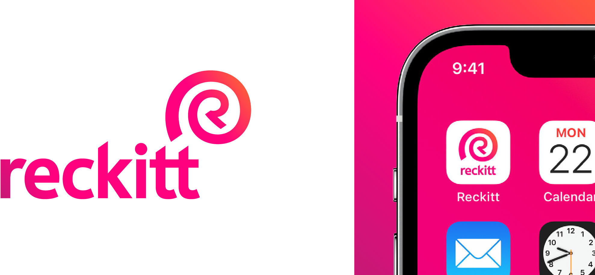 Reckitt logo shown next to a mock-up of a Reckitt app using the logo as a thumbnail