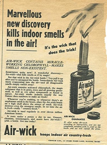 1948 UK advert for Air Wick: "Marvellous new discovery kills indoor smells in the air!"